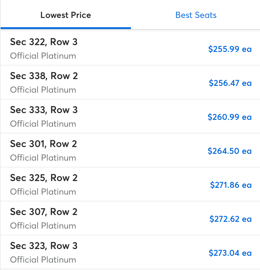 ticketmaster platinum ticket select and buy screen with prices