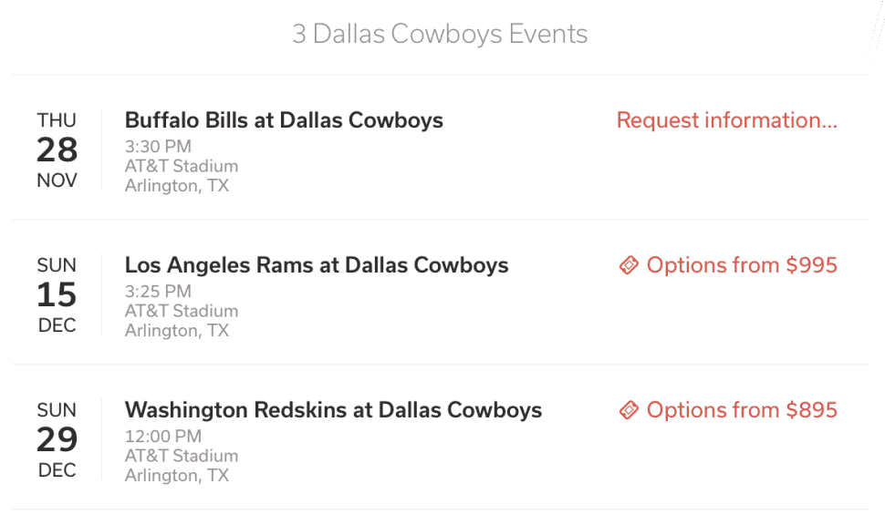 stadium suites search result for dallas cowboys as an example