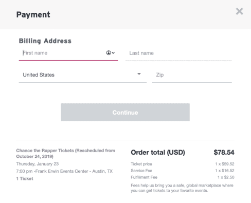 stubhub billing address screen during checkout.