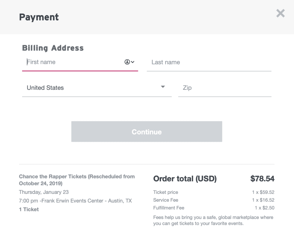 stubhub billing address screen during checkout.