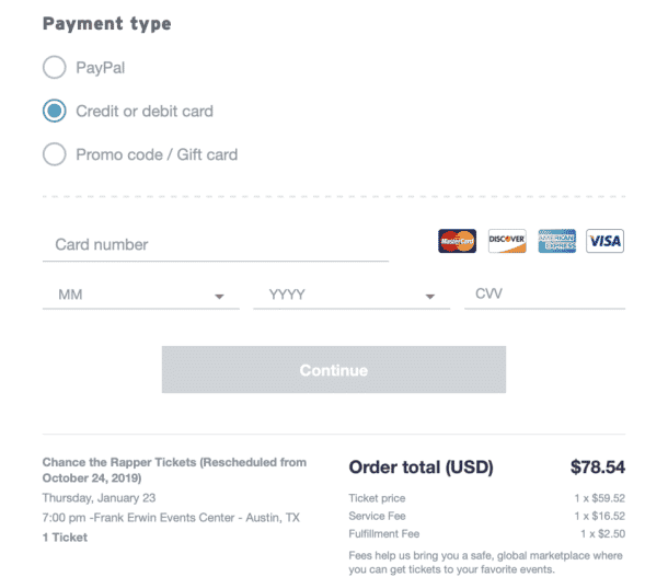 stubhub payment type for entering your credit card info