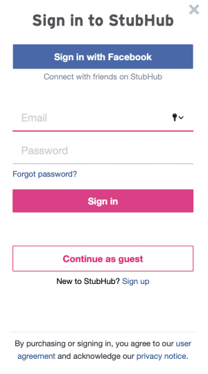 stubhub sign in or register screen