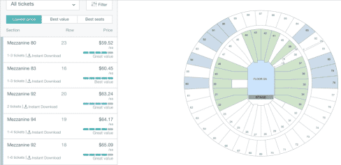 stubhub tickets screen. See tickets and a seating chart