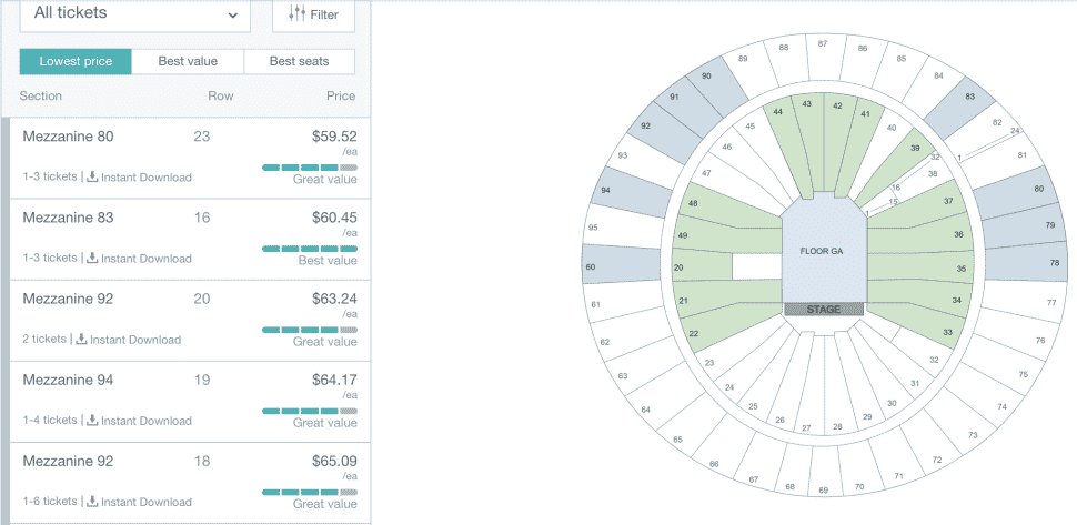 stubhub tickets screen. See tickets and a seating chart