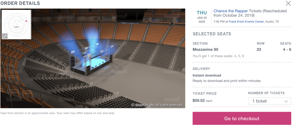 ticket previes screen that shows you your seat view.